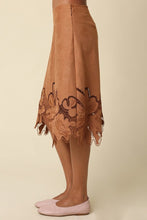 Load image into Gallery viewer, Camel Suede Flower Hem Skirt