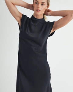 Black Satin Mock Neck Shirring Long Dress