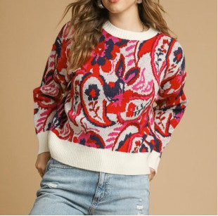Pink Red Floral Paisley Knit Sweater