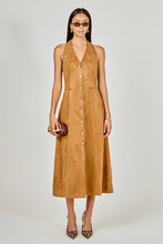 Load image into Gallery viewer, Tan Suede Fitted Midi Dress w/ Gold Buttons