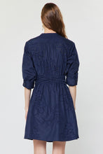Load image into Gallery viewer, Navy Eyelet Roll-Up Slv Dress w/ Belt