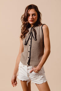 Taupe/Black Tie Neck Sweater Vest Top