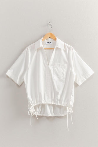 White Drawstring Hem Cotton Shirt