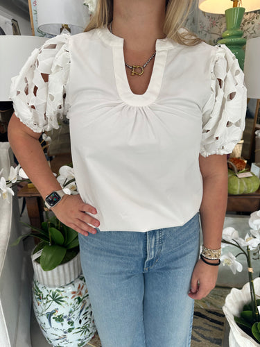 White Eyelet Puff Slv U-Neck Top (THML)