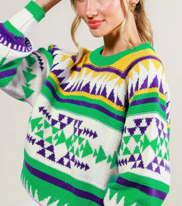 Multi Color Mardi Gras Printed Sweater