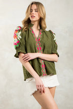 Load image into Gallery viewer, Dark Green Embroidered Puff Slv Texture Top