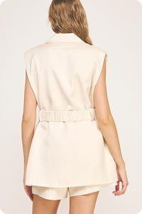 Ecru Elastic Waist Slvls Linen Blazer Dress