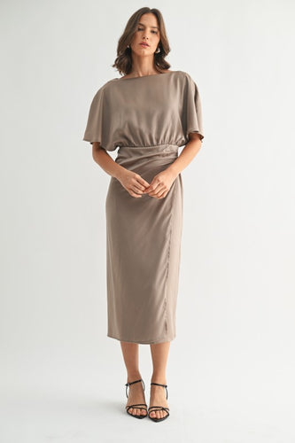 Mocha Satin Wrap Detail Midi Dress