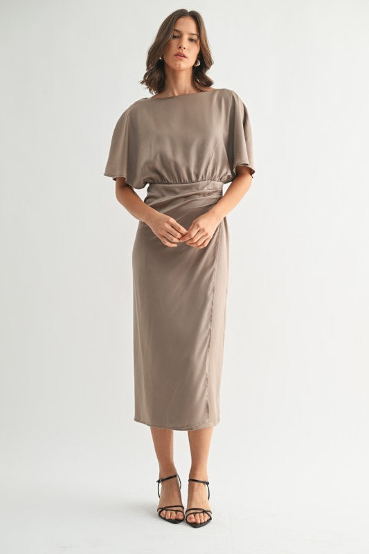 Mocha Satin Wrap Detail Midi Dress