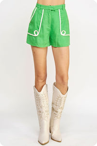 Vibrant Green Braid Trim Linen Shorts