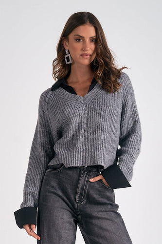 Grey/Black Sweater Collared Top