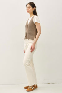 Mocha Ribbed V-Neck Button Up Sweater Vest