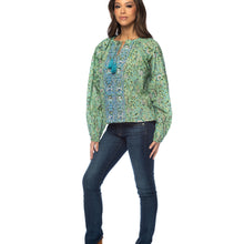 Load image into Gallery viewer, Jaxx Green Printed LS Tassel Detail Blouse