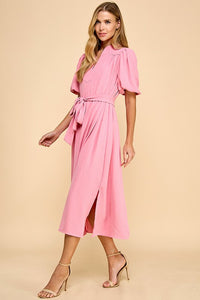 Pink V-Neck Tie Frnt Side Slit Midi Dress