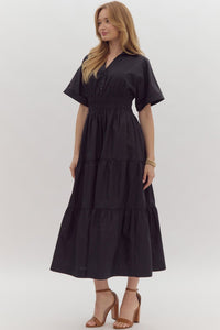 Black V-Neck SS Tiered Maxi Dress