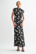 Load image into Gallery viewer, Black Flower Print Satin Mock Neck Maxi Dress