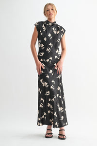 Black Flower Print Satin Mock Neck Maxi Dress