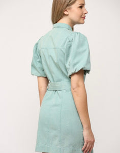 Mint Denim Button Puff Slv Dress