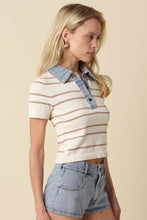 Load image into Gallery viewer, Natural Mocha Stripe SS Knit/Denim Top
