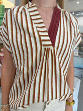 Load image into Gallery viewer, Brown/White Striped V-Neck SS Top (THML)