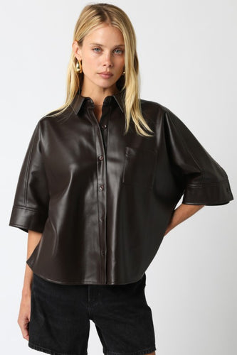 Brown Leather SS Button Down Top