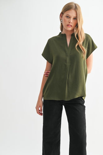 Satin V-Neck SS Top Olive