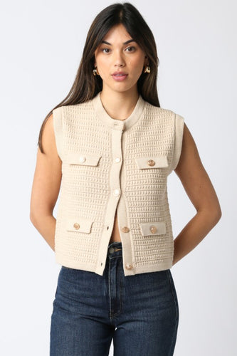 Sleeveless Gold Button Sweater Top Natural