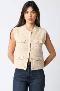 Sleeveless Gold Button Sweater Top Natural