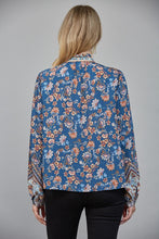 Load image into Gallery viewer, Teal Blue Multi Print Ruffled Neck Button Down Blouse