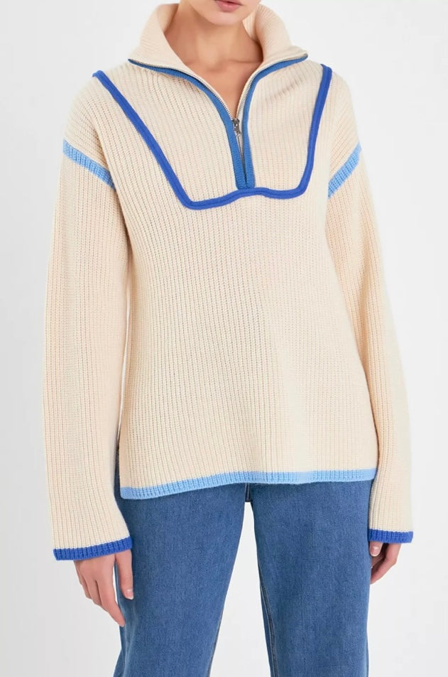 Blue Multi Contrast Piping Quarter-Zip Sweater