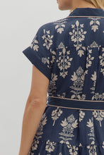 Load image into Gallery viewer, Navy Printed Button Down Tie Waist Dress