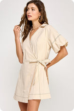 Load image into Gallery viewer, Ecru/Black Stitch Wrap Collared Mini Dress