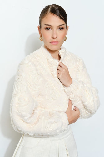 Cream Rosette Textured Fur Bomber Jacket
