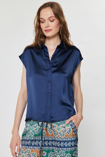 Load image into Gallery viewer, Cap Slv Satin Button Down Blouse Navy