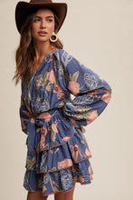 Load image into Gallery viewer, Blue Floral Print V-Neck Tiered Skirt Dress