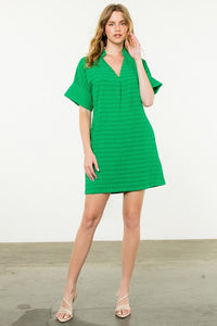 Green V-Neck SS Textured Dress