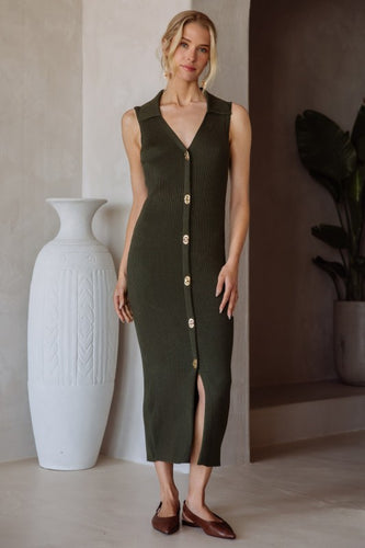 Dark Olive Gold Twist Button Midi Dress