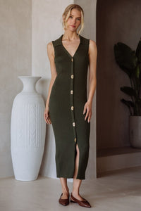 Dark Olive Gold Twist Button Midi Dress