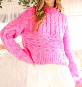 Fuchsia Mock Neck Cable Knit Sweater