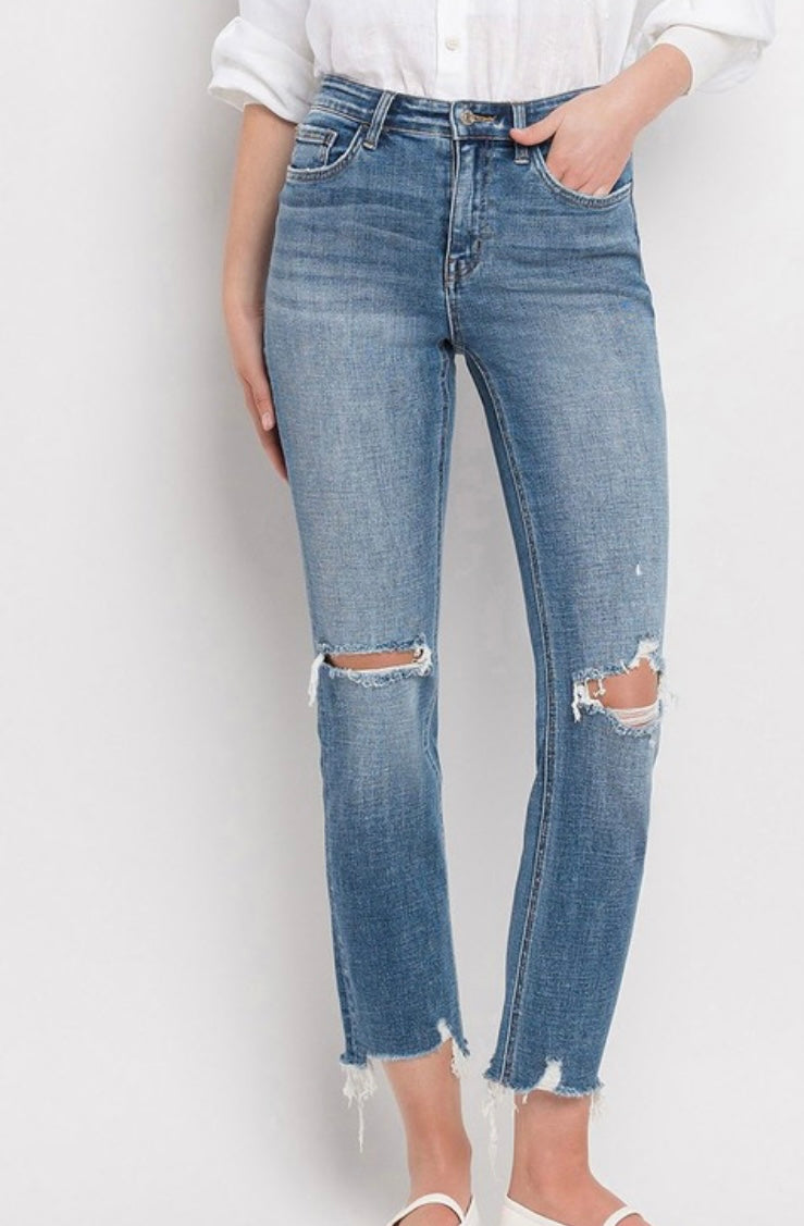 FM Denim HR Distressed Hem Slim Straight Jean