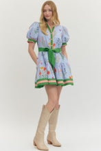 Load image into Gallery viewer, Blue Multi Floral Puff Slv Waist Belt Dress