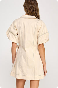 Ecru/Black Stitch Wrap Collared Mini Dress