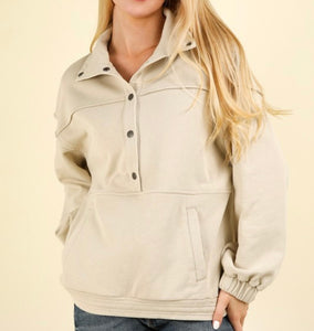 Beige Mineral Wash Button Down Pullover