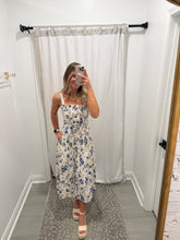 Load image into Gallery viewer, Navy Floral Print Belted Midi Dress