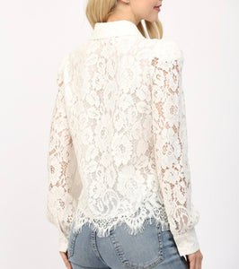 Cream Lace Scallop Edge LS Button Down