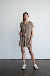 Mocha Relaxed Collared SS Sweatshirt/Short Set