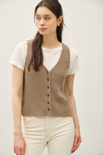 Mocha Ribbed V-Neck Button Up Sweater Vest