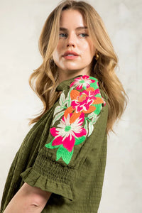 Dark Green Embroidered Puff Slv Texture Top