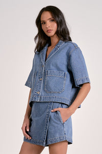 Denim Frnt Pocket V-Neck SS Top