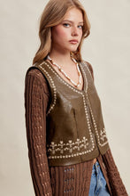 Load image into Gallery viewer, Olive/Brown Embroidered Leather Vest